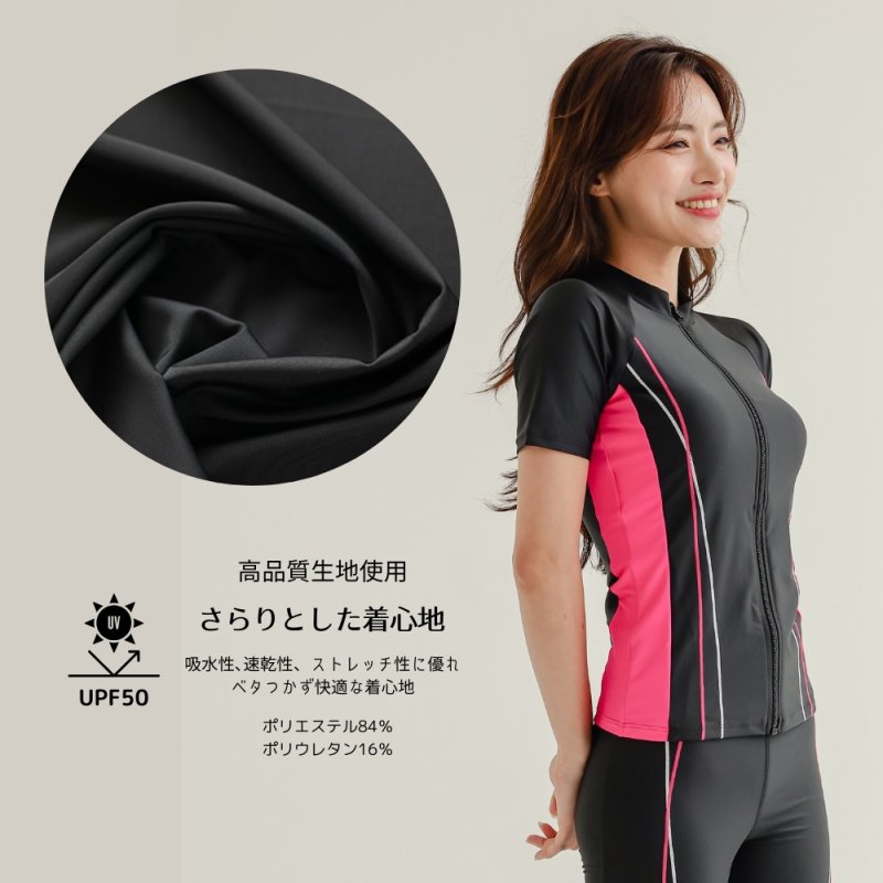 画像3: めぐれ防止 ボタン着き 帽子着き フィットネス 水着セット 競泳練習用水着 水着セット キャップ付き レディース セパレート 半袖 上下セット 大きいサイズ 体型カバ- (3)