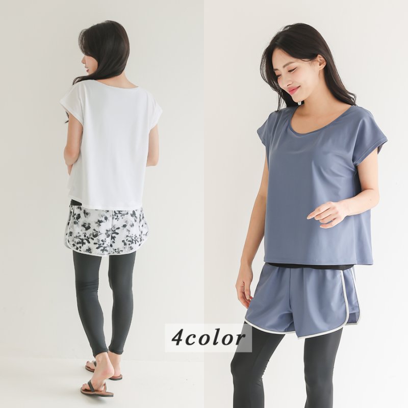 画像11: インナーカップ着きワンピースとショットパン着きレギンス二点セット体系カバー水着 (11)