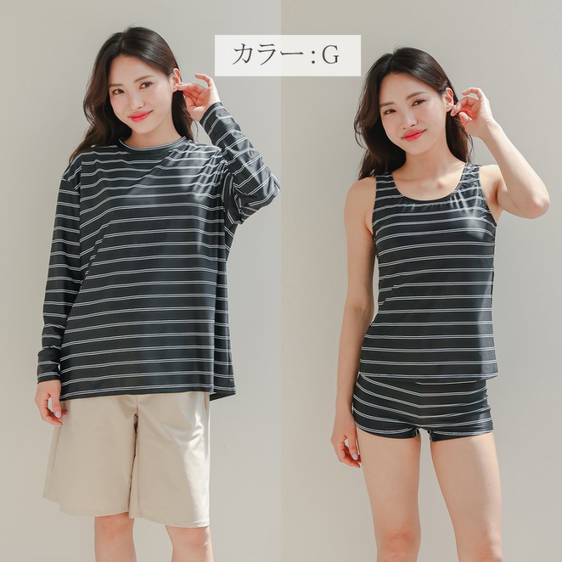 画像17: ロング袖ラッシュガード、膝まで布帛素材ロングショットパンツ、タンキニトップス、四角ショーツ、体型カバー水着4点セット (17)