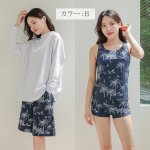画像11: ロング袖ラッシュガード、膝まで布帛素材ロングショットパンツ、タンキニトップス、四角ショーツ、体型カバー水着４点セット (11)