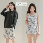 画像10: ロング袖ラッシュガード、膝まで布帛素材ロングショットパンツ、タンキニトップス、四角ショーツ、体型カバー水着４点セット (10)