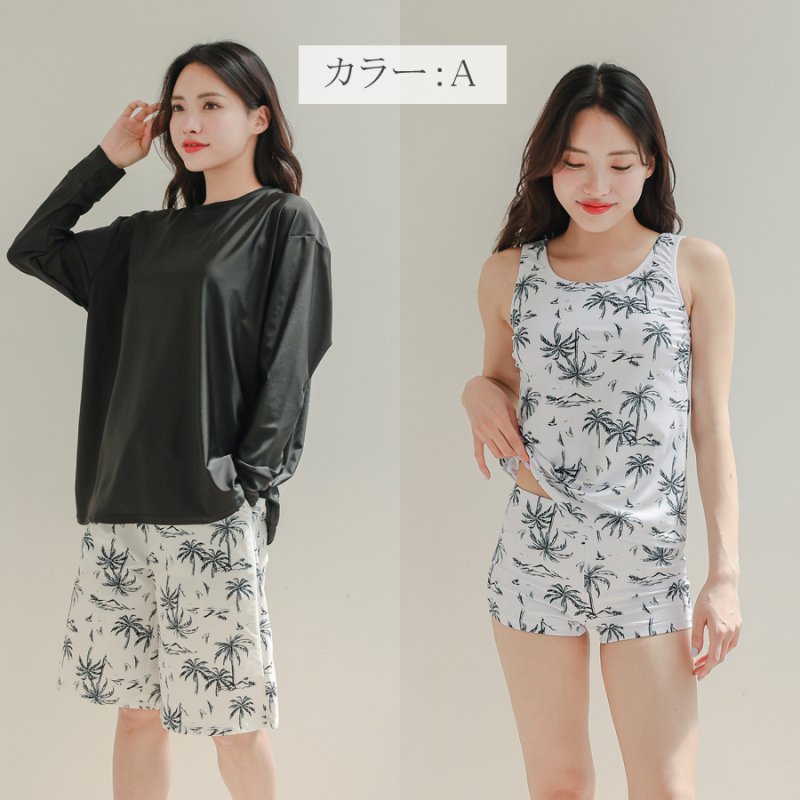 画像10: ロング袖ラッシュガード、膝まで布帛素材ロングショットパンツ、タンキニトップス、四角ショーツ、体型カバー水着4点セット (10)
