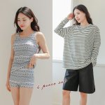 画像4: ロング袖ラッシュガード、膝まで布帛素材ロングショットパンツ、タンキニトップス、四角ショーツ、体型カバー水着４点セット (4)
