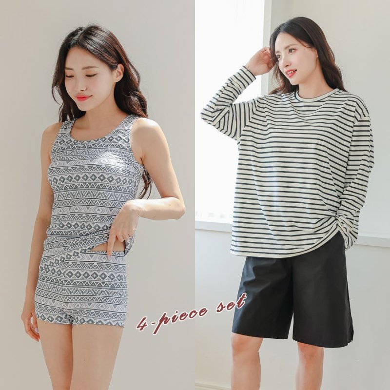 画像4: ロング袖ラッシュガード、膝まで布帛素材ロングショットパンツ、タンキニトップス、四角ショーツ、体型カバー水着4点セット (4)