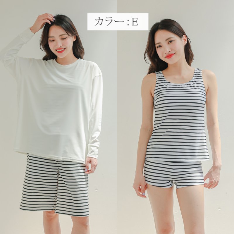 画像14: ロング袖ラッシュガード、膝まで布帛素材ロングショットパンツ、タンキニトップス、四角ショーツ、体型カバー水着4点セット (14)