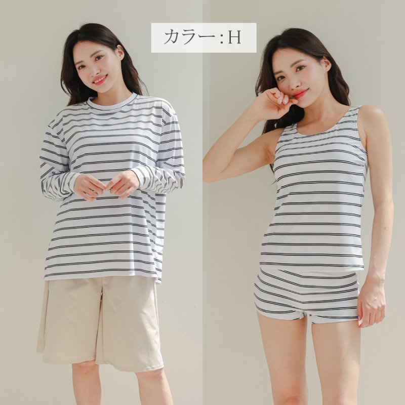 画像18: ロング袖ラッシュガード、膝まで布帛素材ロングショットパンツ、タンキニトップス、四角ショーツ、体型カバー水着4点セット (18)