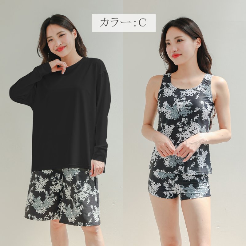 画像12: ロング袖ラッシュガード、膝まで布帛素材ロングショットパンツ、タンキニトップス、四角ショーツ、体型カバー水着4点セット (12)