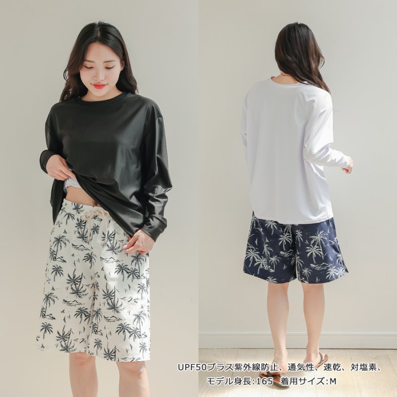 画像8: ロング袖ラッシュガード、膝まで布帛素材ロングショットパンツ、タンキニトップス、四角ショーツ、体型カバー水着4点セット (8)