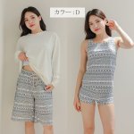画像15: ロング袖ラッシュガード、膝まで布帛素材ロングショットパンツ、タンキニトップス、四角ショーツ、体型カバー水着４点セット (15)
