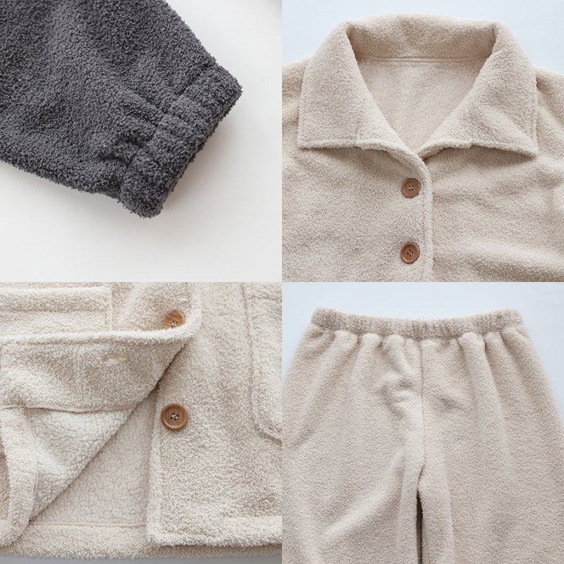 画像16: モコモコレディースボタン式衿付きトップスとロングパンツセット (16)