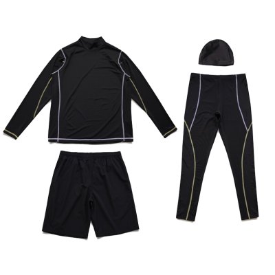 画像1: メンズロング袖　ラッシュガード　レギンス　ショットパンツ　キャップ付き　メンズ水着　４点セット