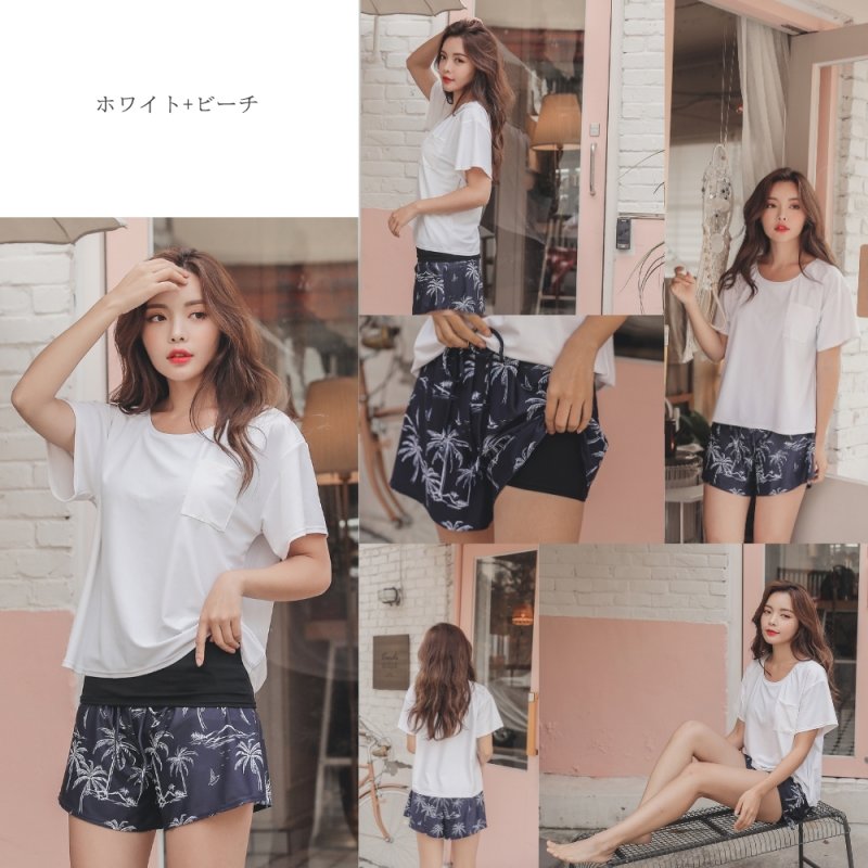 画像14: インナーブラつきTシャツとインナショーツつきショットパンと二点セット体型カバー水着セット (14)