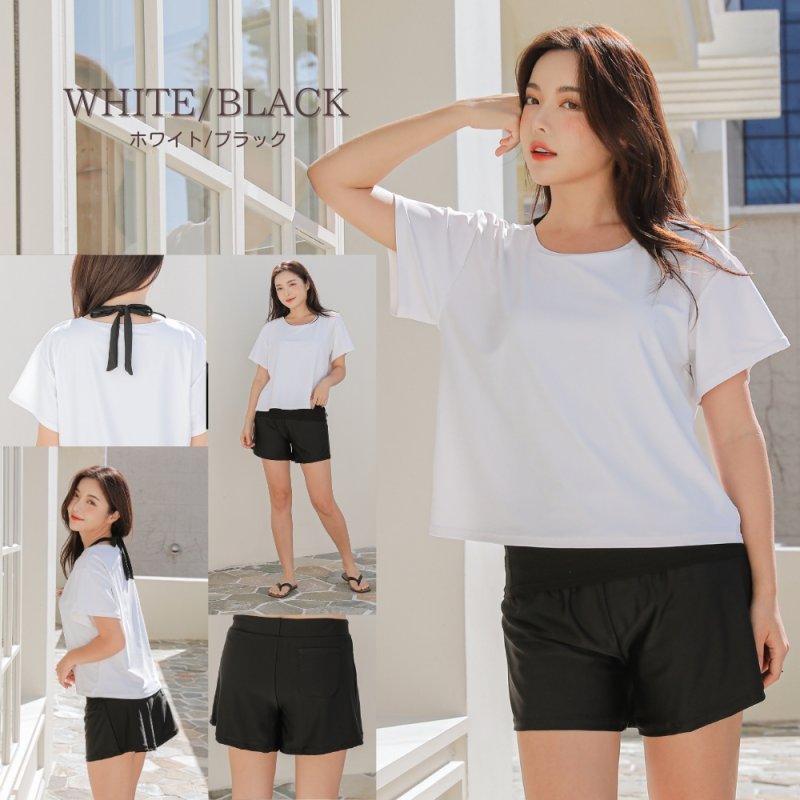 画像21: インナータンキニ付きTシャツ インナーパンツ付きショットパンツ 二点セット体系カバー水着 (21)