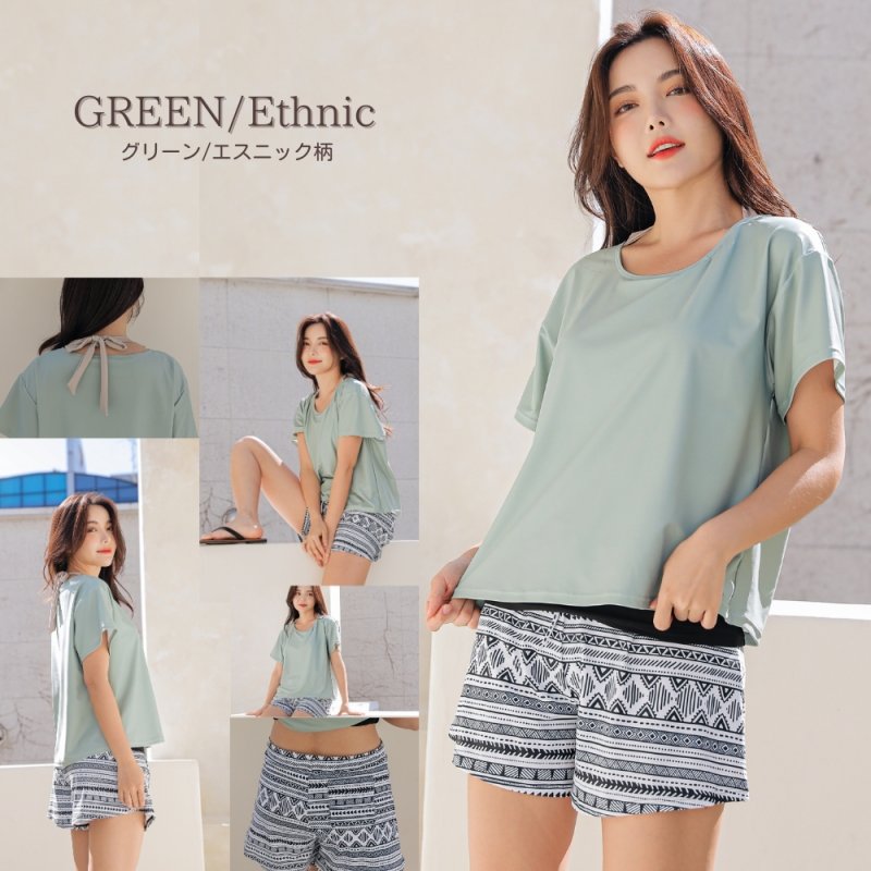 画像19: インナータンキニ付きTシャツ インナーパンツ付きショットパンツ 二点セット体系カバー水着 (19)