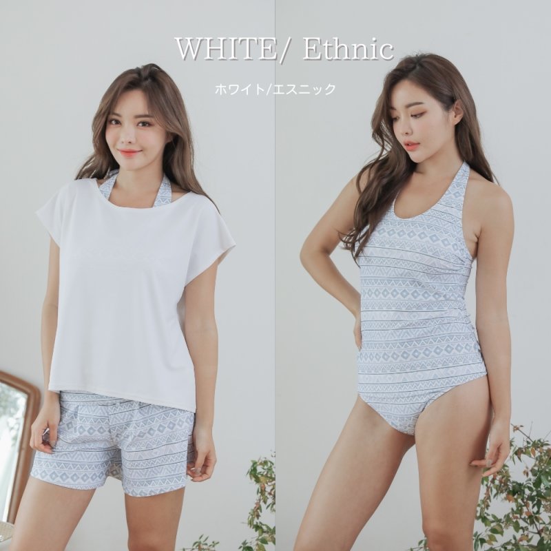 画像12: Tシャツ　ショットパンツ　タンキニ上下セットの体型カバー水着4点セット (12)