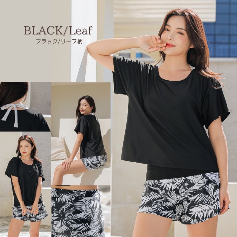 画像15: インナータンキニ付きTシャツ インナーパンツ付きショットパンツ 二点セット体系カバー水着 (15)