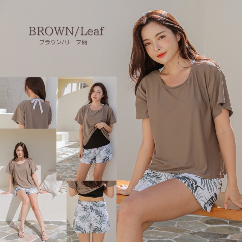 画像9: インナータンキニ付きTシャツ インナーパンツ付きショットパンツ 二点セット体系カバー水着 (9)