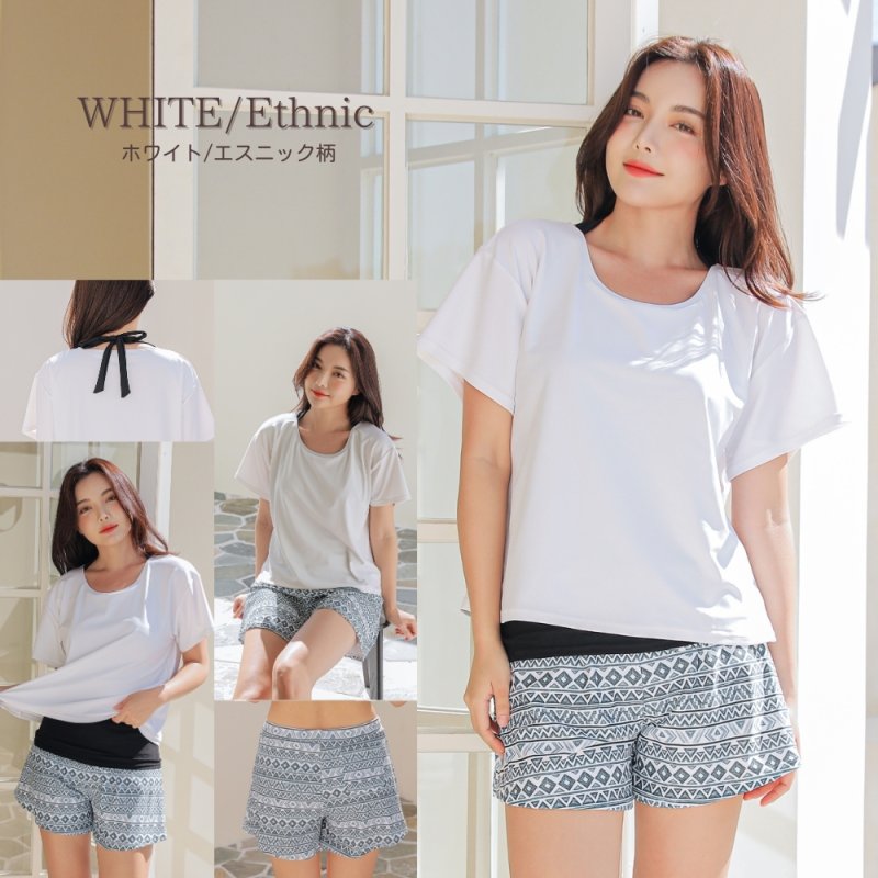 画像17: インナータンキニ付きTシャツ インナーパンツ付きショットパンツ 二点セット体系カバー水着 (17)