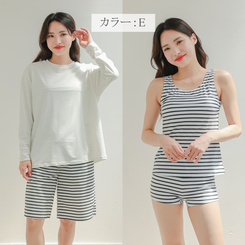 画像29: 半袖ラッシュガードと膝までロングショット布帛パンツ、タンキニトップス、四角ショーツと水着4点セット体系カバー (29)