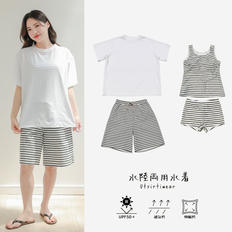 画像30: 半袖ラッシュガードと膝までロングショット布帛パンツ、タンキニトップス、四角ショーツと水着4点セット体系カバー (30)