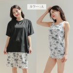 画像21: 半袖ラッシュガードと膝までロングショット布帛パンツ、タンキニトップス、四角ショーツと水着4点セット体系カバー (21)