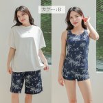 画像23: 半袖ラッシュガードと膝までロングショット布帛パンツ、タンキニトップス、四角ショーツと水着4点セット体系カバー (23)