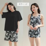 画像25: 半袖ラッシュガードと膝までロングショット布帛パンツ、タンキニトップス、四角ショーツと水着4点セット体系カバー (25)