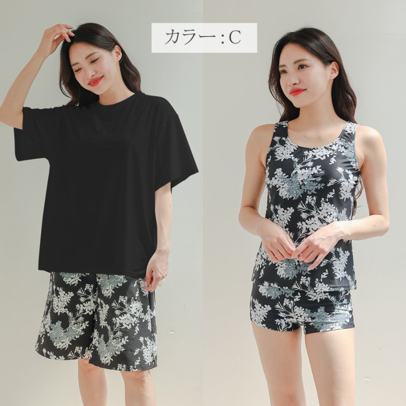 画像25: 半袖ラッシュガードと膝までロングショット布帛パンツ、タンキニトップス、四角ショーツと水着4点セット体系カバー (25)