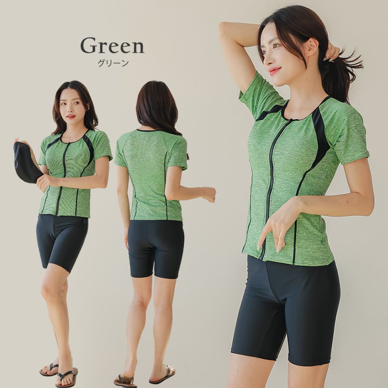 画像23: めぐれ防止ボタン着きフィットネス水着セット 競泳練習用水着 水着セット キャップ付き レディース セパレート 半袖 上下セット 大きいサイズ　体型カバ- (23)