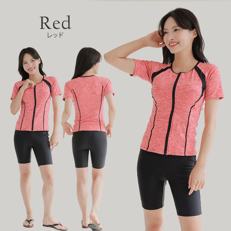 画像21: めぐれ防止ボタン着きフィットネス水着セット 競泳練習用水着 水着セット キャップ付き レディース セパレート 半袖 上下セット 大きいサイズ　体型カバ- (21)