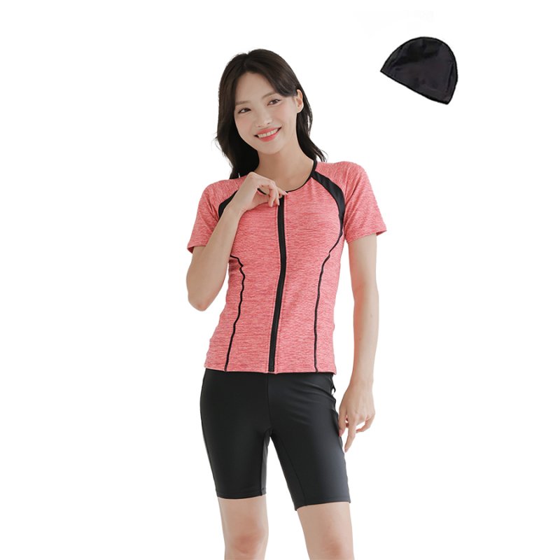 画像17: めぐれ防止ボタン着きフィットネス水着セット 競泳練習用水着 水着セット キャップ付き レディース セパレート 半袖 上下セット 大きいサイズ　体型カバ- (17)