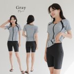 画像19: めぐれ防止ボタン着きフィットネス水着セット 競泳練習用水着 水着セット キャップ付き レディース セパレート 半袖 上下セット 大きいサイズ　体型カバ- (19)