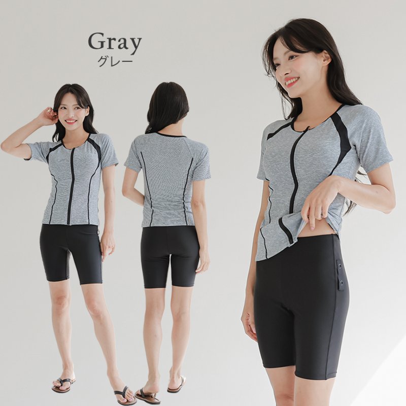 画像19: めぐれ防止ボタン着きフィットネス水着セット 競泳練習用水着 水着セット キャップ付き レディース セパレート 半袖 上下セット 大きいサイズ　体型カバ- (19)