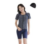 画像18: めぐれ防止ボタン着きフィットネス水着セット 競泳練習用水着 水着セット キャップ付き レディース セパレート 半袖 上下セット 大きいサイズ　体型カバ- (18)