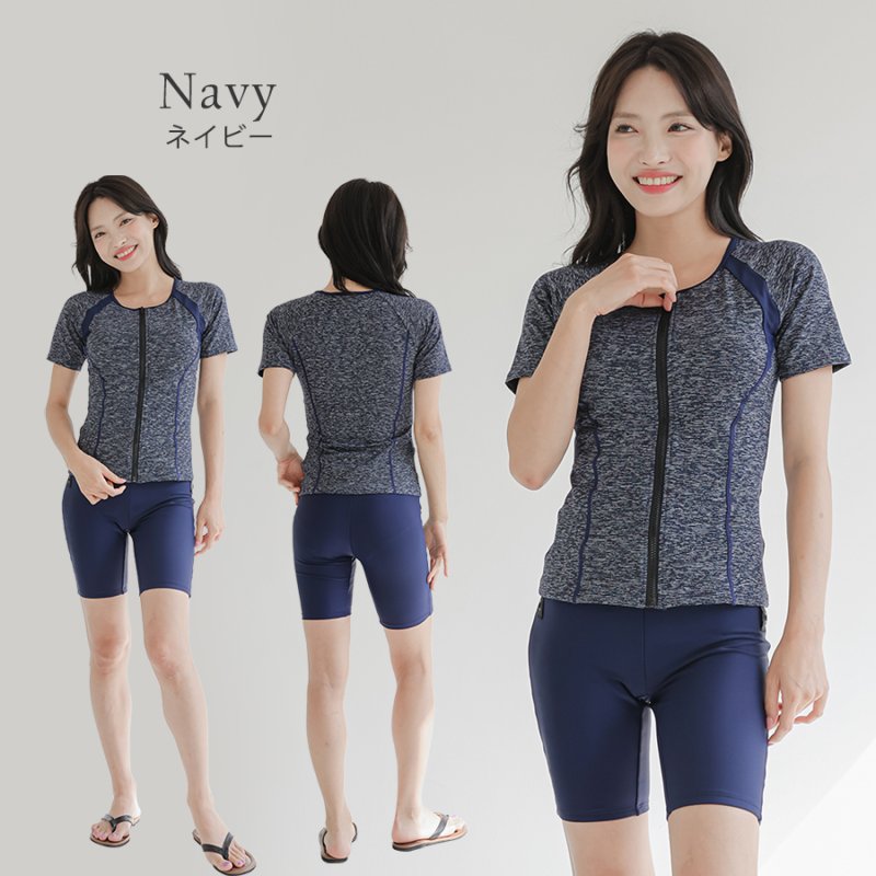 画像24: めぐれ防止ボタン着きフィットネス水着セット 競泳練習用水着 水着セット キャップ付き レディース セパレート 半袖 上下セット 大きいサイズ　体型カバ- (24)