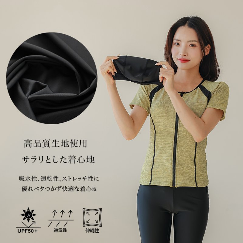 画像6: めぐれ防止ボタン着きフィットネス水着セット 競泳練習用水着 水着セット キャップ付き レディース セパレート 半袖 上下セット 大きいサイズ　体型カバ- (6)