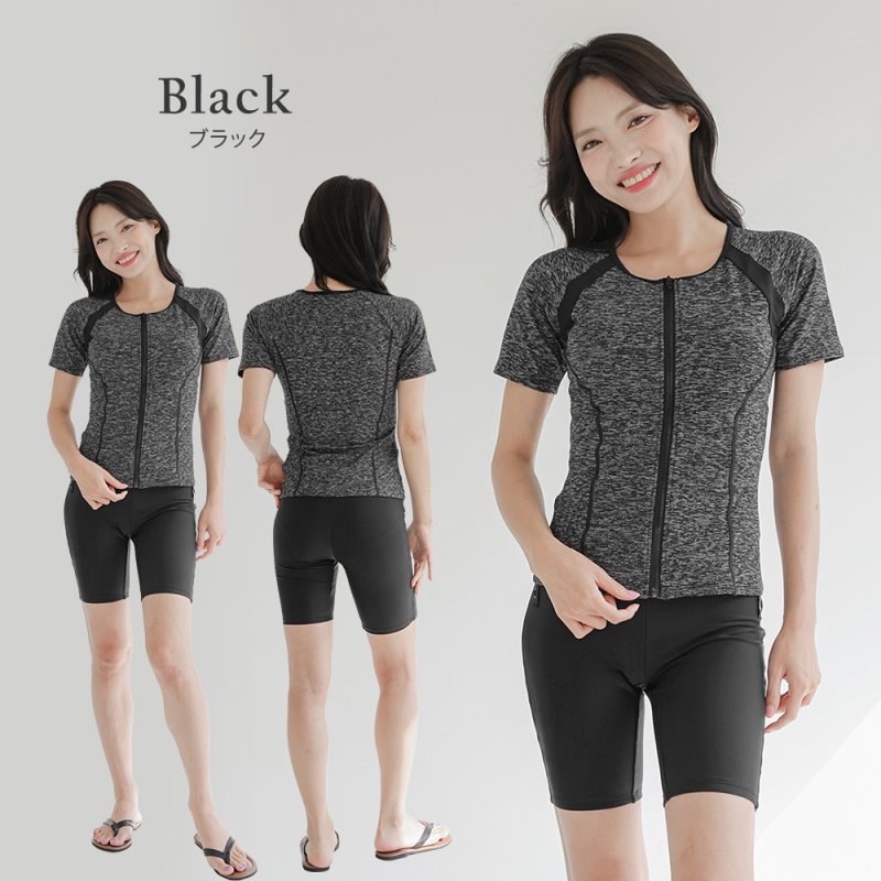 画像22: めぐれ防止ボタン着きフィットネス水着セット 競泳練習用水着 水着セット キャップ付き レディース セパレート 半袖 上下セット 大きいサイズ　体型カバ- (22)