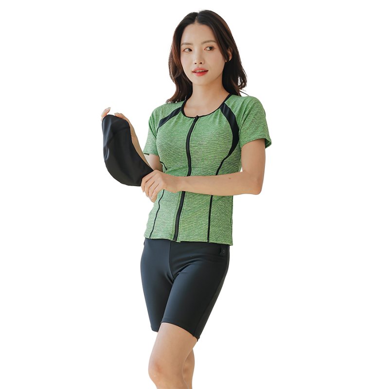 画像14: めぐれ防止ボタン着きフィットネス水着セット 競泳練習用水着 水着セット キャップ付き レディース セパレート 半袖 上下セット 大きいサイズ　体型カバ- (14)