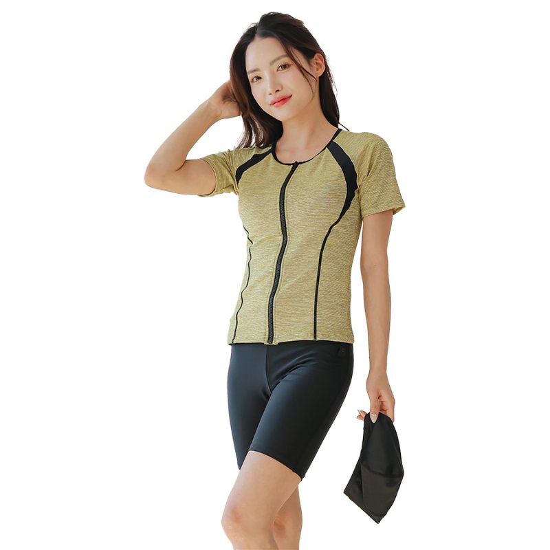 画像15: めぐれ防止ボタン着きフィットネス水着セット 競泳練習用水着 水着セット キャップ付き レディース セパレート 半袖 上下セット 大きいサイズ　体型カバ- (15)