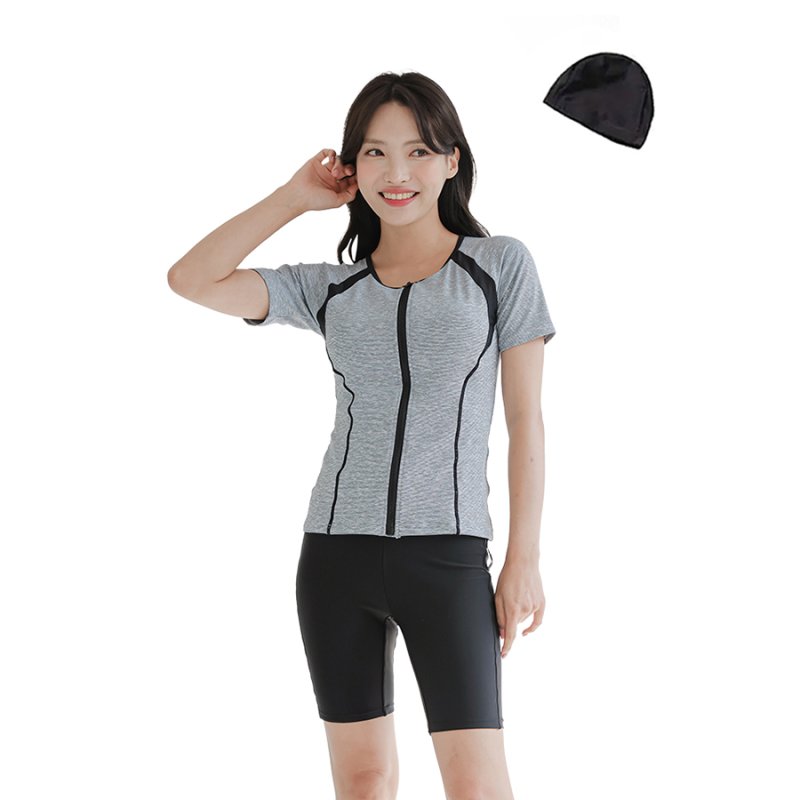 画像16: めぐれ防止ボタン着きフィットネス水着セット 競泳練習用水着 水着セット キャップ付き レディース セパレート 半袖 上下セット 大きいサイズ　体型カバ- (16)