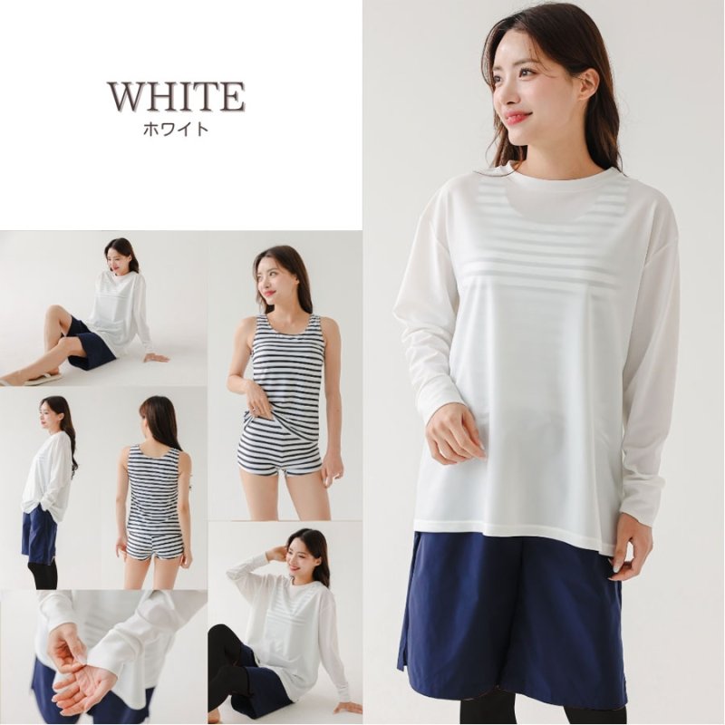 画像14: 無地　ロング袖体系カバーTシャツ　布帛ショットパンツ　レギンス　タンキニ上下セット　水着5点セット レディース 体型カバー ラッシュガード 長袖 5点セット フィットネス [SW502] (14)