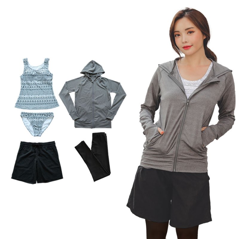 画像13: ラッシュガード　布帛ショットパンツ　タンキニ上下セット　レギンス　水着5点セット　体型カバー セパレート タンキニ 長袖 5点セット フード付き パーカー レギンス uvカットupf50+ プール 海 海水浴 サウナ　ヨガウェア [SW503] (13)