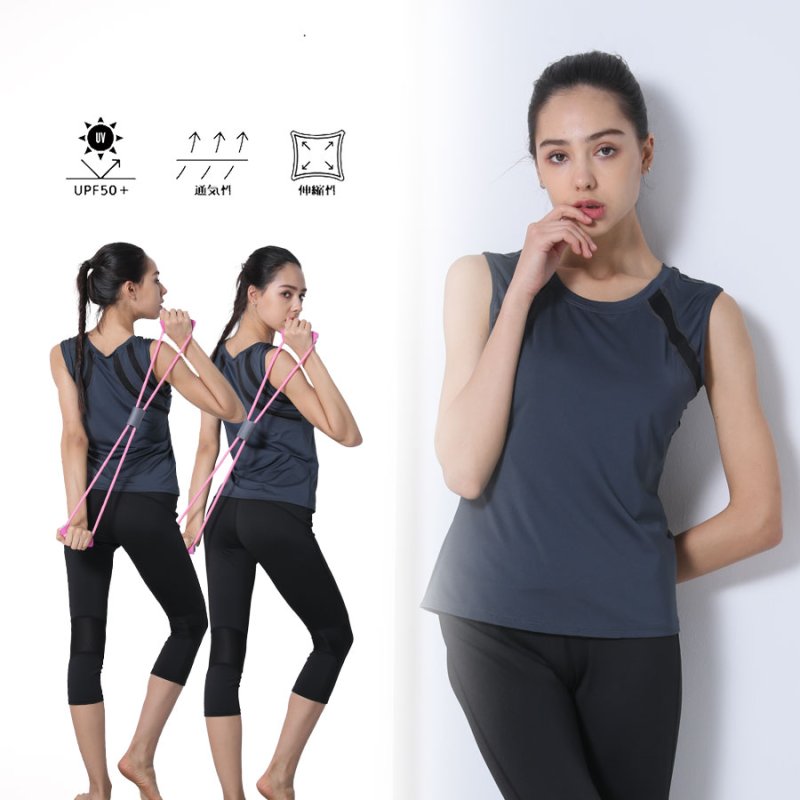 画像13: カップ付袖なしシャツ　7分レギンス　ヨガ2点セット　体型カバーできる スポーツウェア レディース 上下セット ヨガウェア トレーニングウェア ジムウェア 速乾　UVカット [SYZ3052] (13)