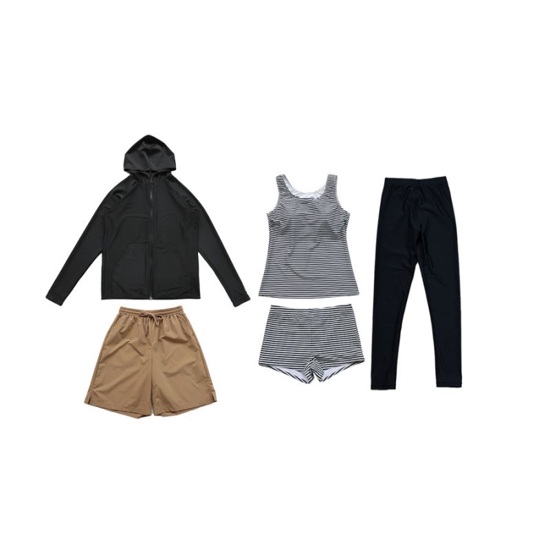 画像9: ファスナーつきラッシュバード とレギンスと布帛パンツとタンキニ上下セットの水着5点セット　水着 レディース ラッシュガード 上下セット 体型カバー セパレート タンキニ 長袖 5点セット フード付き ジップアップ レギンス uvカット upf50+ プール 海 水陸両用 [SW504] (9)