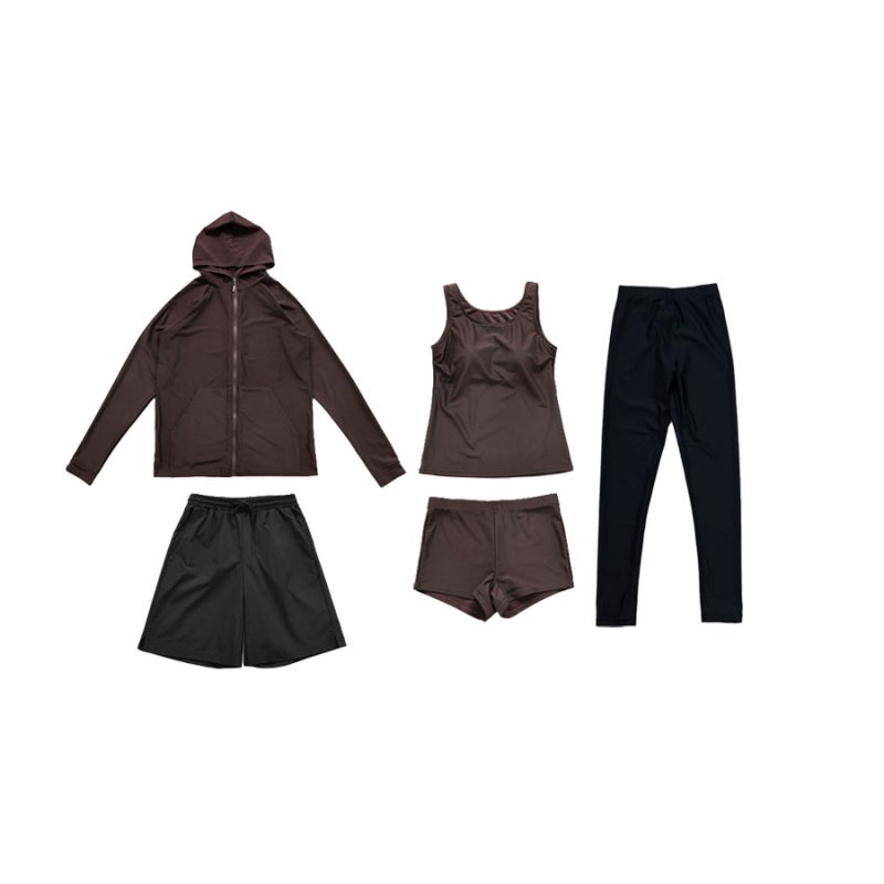 画像15: ファスナーつきラッシュバード とレギンスと布帛パンツとタンキニ上下セットの水着5点セット　水着 レディース ラッシュガード 上下セット 体型カバー セパレート タンキニ 長袖 5点セット フード付き ジップアップ レギンス uvカット upf50+ プール 海 水陸両用 [SW504] (15)