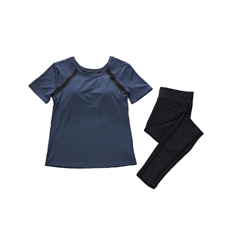 画像4: カップ付半袖 レギンス ヨガ2点セット 体型カバーできる スポーツウェア レディース 上下セット 半袖 Tシャツ パンツ レギンス 一体型 ヨガウェア トレーニングウェア ジムウェア 速乾 [SYZ3051] (4)