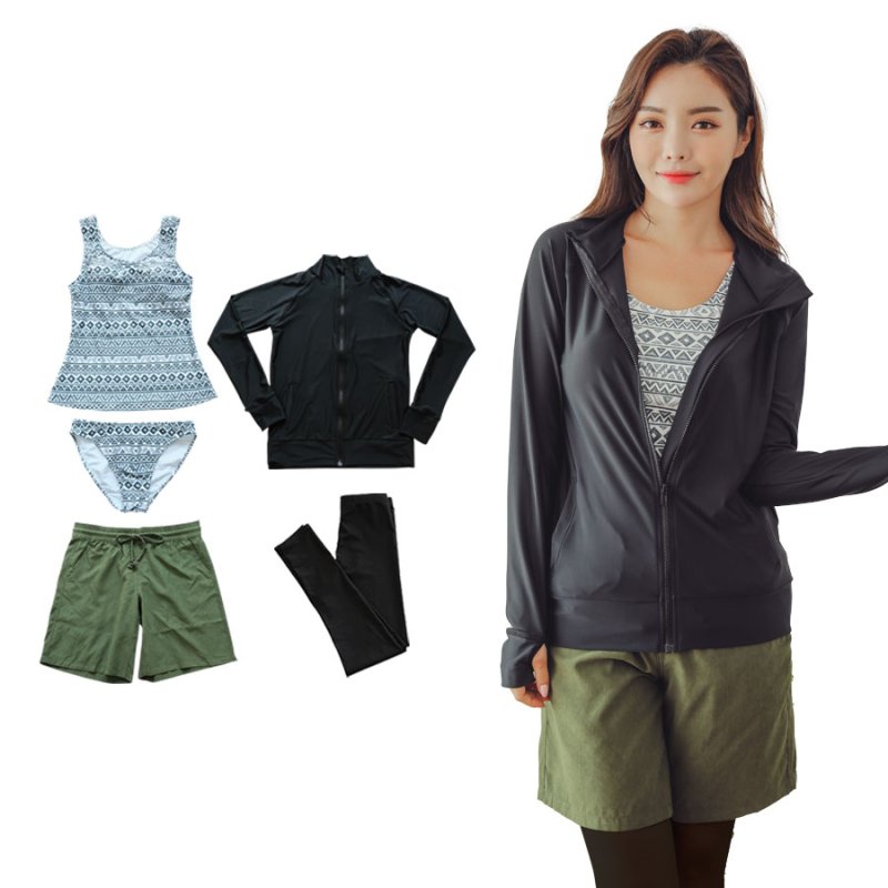 画像14: ラッシュガード　布帛ショットパンツ　タンキニ上下セット　レギンス　水着5点セット　体型カバー セパレート タンキニ 長袖 5点セット フード付き パーカー レギンス uvカットupf50+ プール 海 海水浴 サウナ　ヨガウェア [SW503] (14)