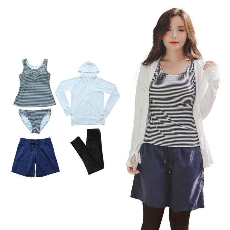 画像11: ラッシュガード　布帛ショットパンツ　タンキニ上下セット　レギンス　水着5点セット　体型カバー セパレート タンキニ 長袖 5点セット フード付き パーカー レギンス uvカットupf50+ プール 海 海水浴 サウナ　ヨガウェア [SW503] (11)