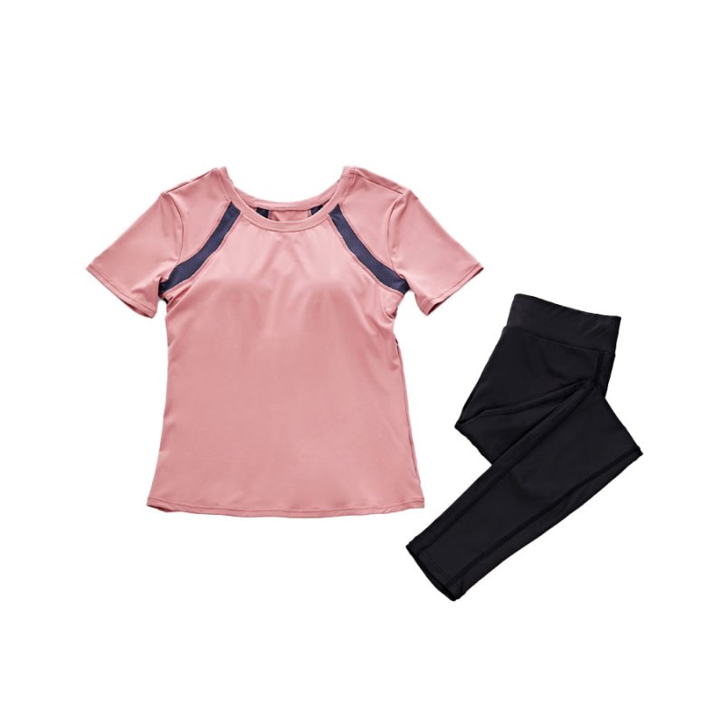 画像3: カップ付半袖 レギンス ヨガ2点セット 体型カバーできる スポーツウェア レディース 上下セット 半袖 Tシャツ パンツ レギンス 一体型 ヨガウェア トレーニングウェア ジムウェア 速乾 [SYZ3051] (3)