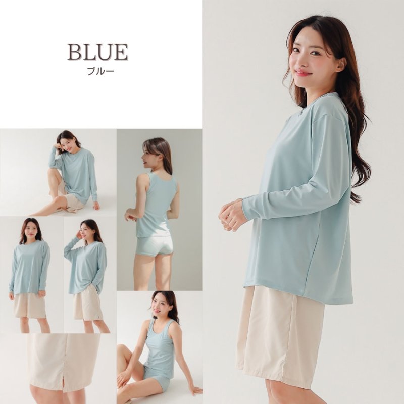 画像13: 無地　ロング袖体系カバーTシャツ　布帛ショットパンツ　レギンス　タンキニ上下セット　水着5点セット レディース 体型カバー ラッシュガード 長袖 5点セット フィットネス [SW502] (13)